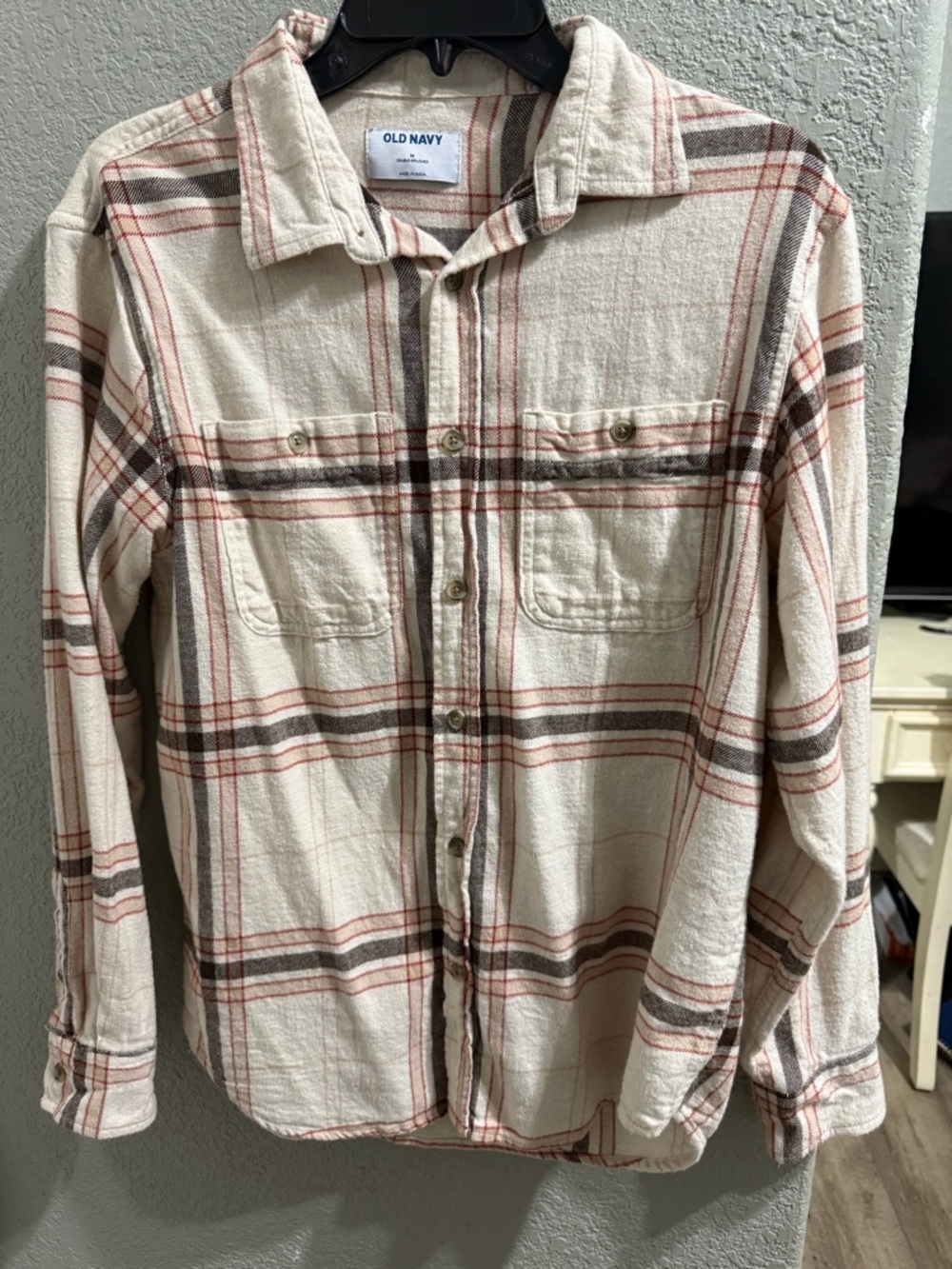 Old Navy Cream Flannel Plaid Shirt with Brown and Rust Stripes